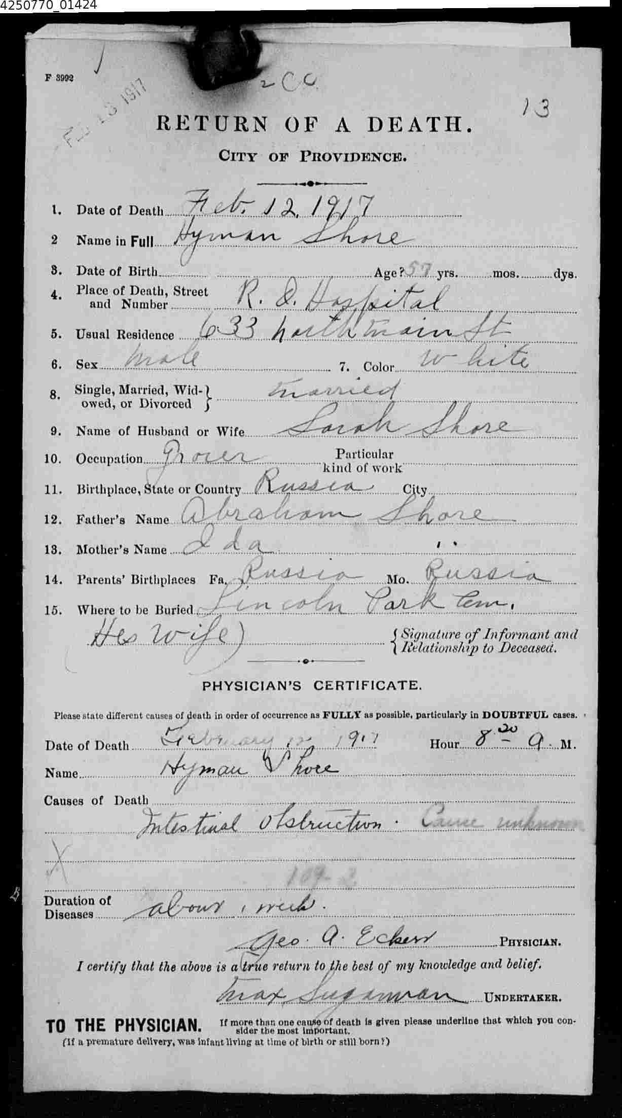 Hyman Shore death certificate