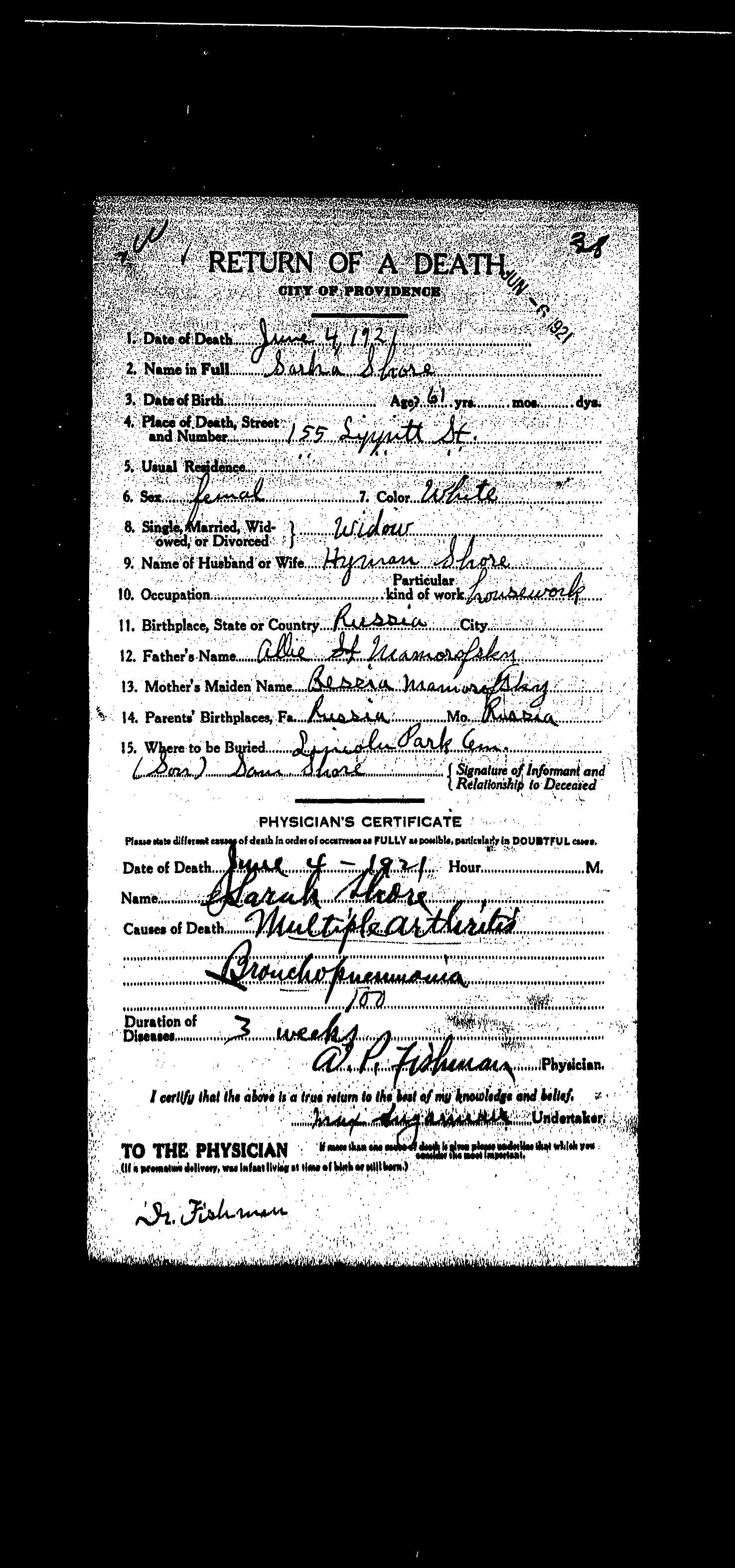 Sarah Shore death certificate