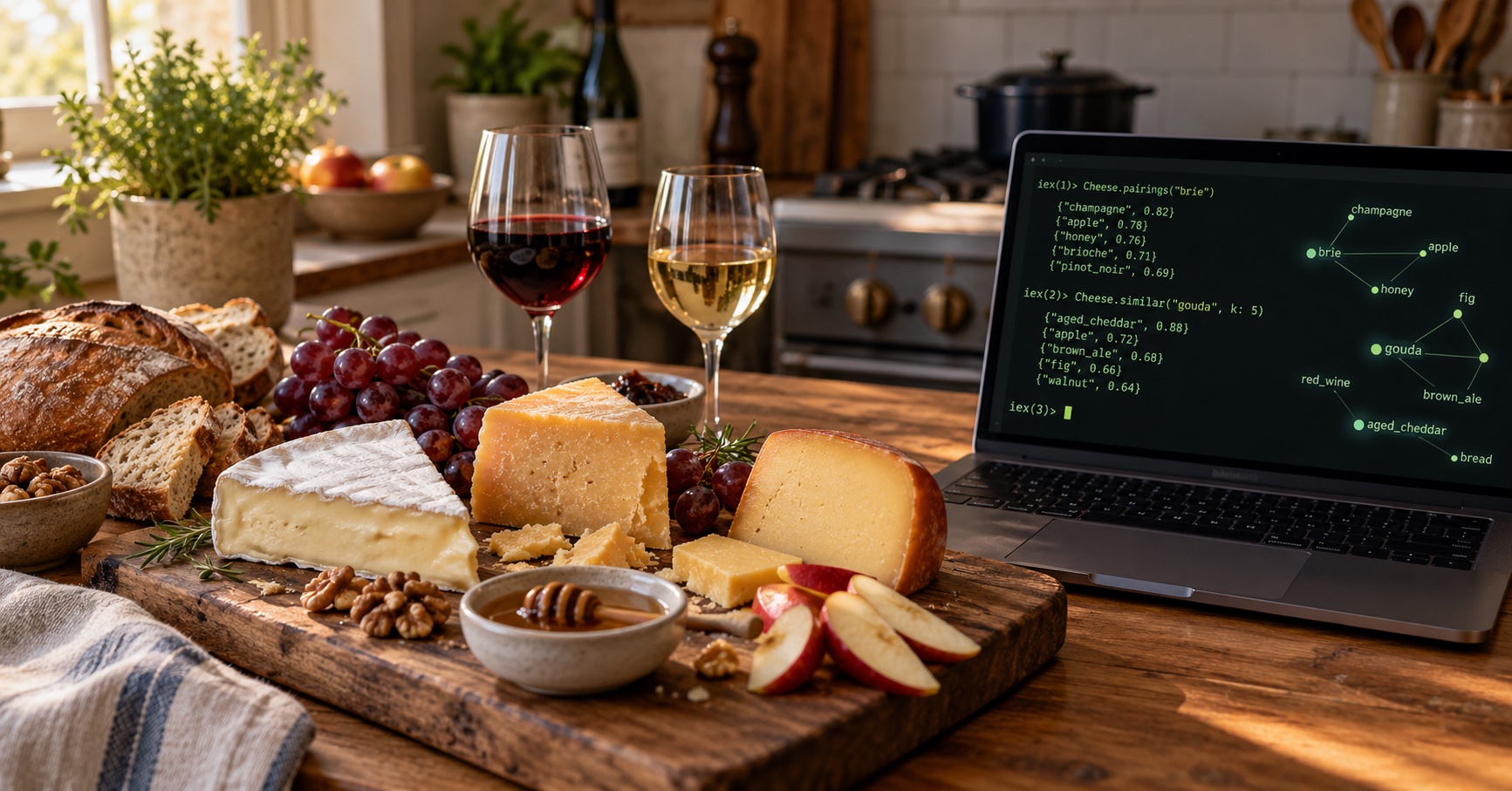 An Elixir Livebook tutorial: semantic search over a cheese catalog with OpenAI embeddings and cosine similarity, and why an LLM recommender with JSON-schema output pairs better.