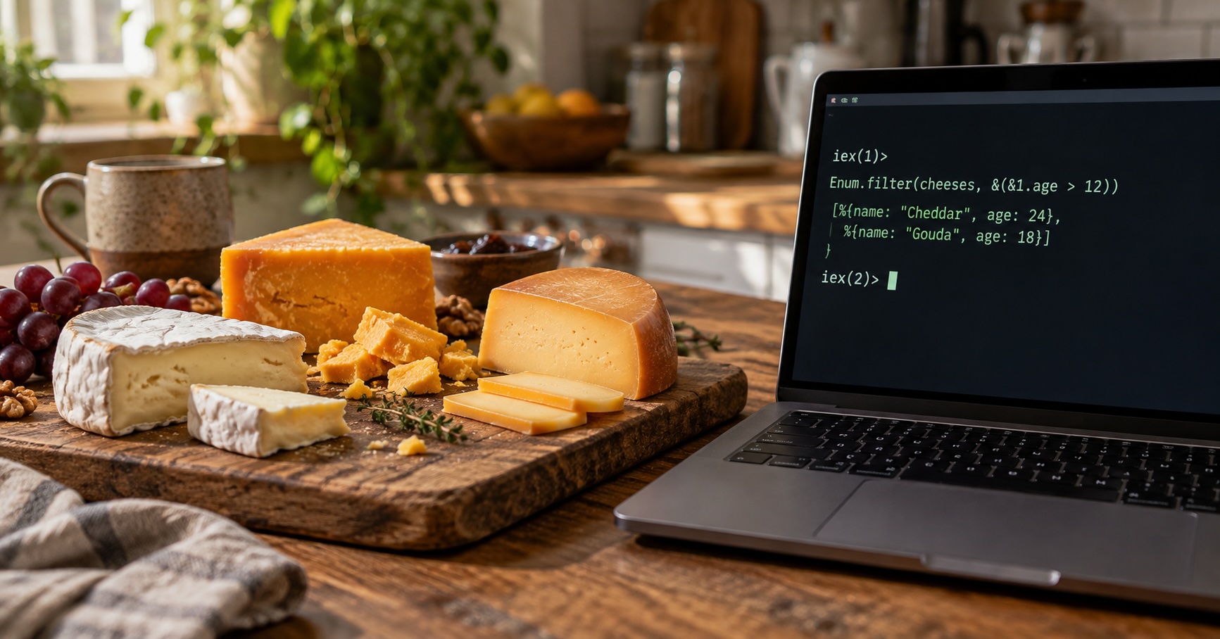 A hands-on Elixir tutorial: using structs, pattern matching, and the OpenAI API in a Livebook notebook to build an AI-generated cheese catalog with pairing lookups.