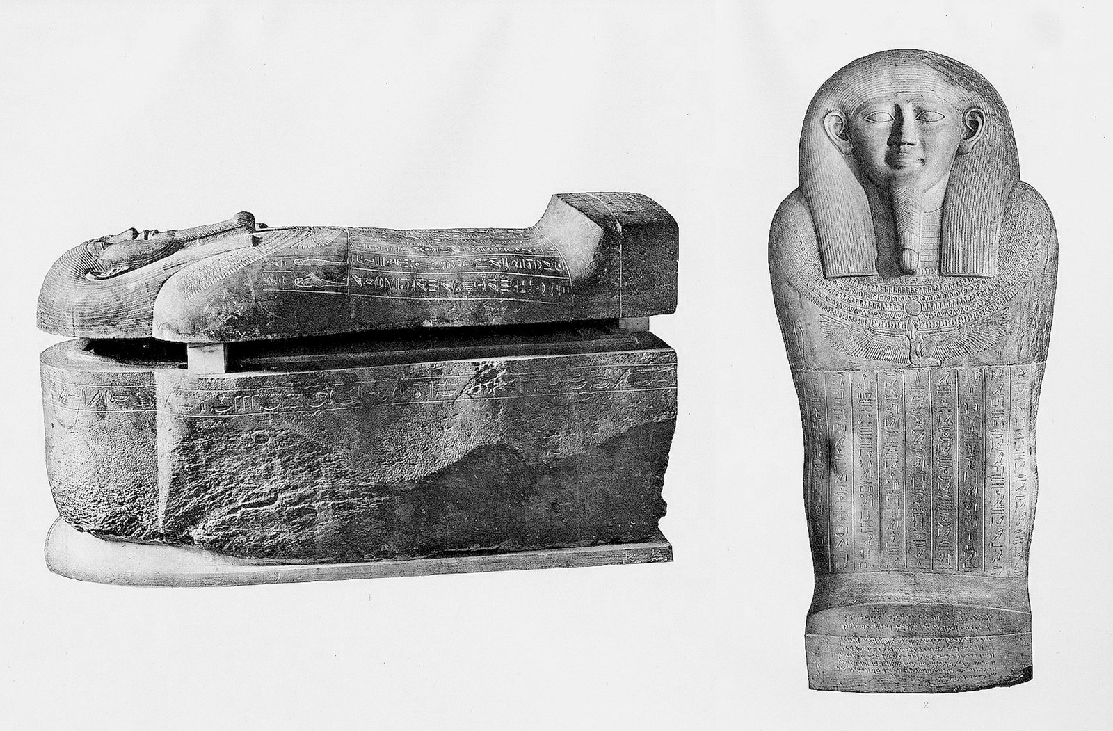 A black-and-white plate showing the sarcophagus from the side with its lid on, and the lid from the front