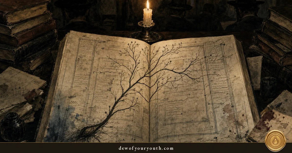 An open folio by candlelight with a single ink root branching across both pages